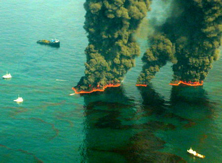 Workers Burn Off Some Gulf Oil Spill Petroleum Floating in Open Water