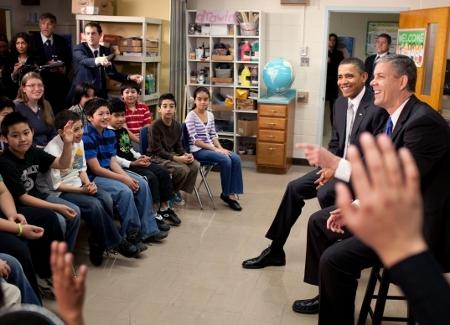 President Obama and ED Secretary Arne Duncan Visit a Classroom in Support of Race to the Top